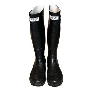 Forever Young Sz 7 Black Croc Embossed Tall Rubber Rain Boots Buckle Waterproof